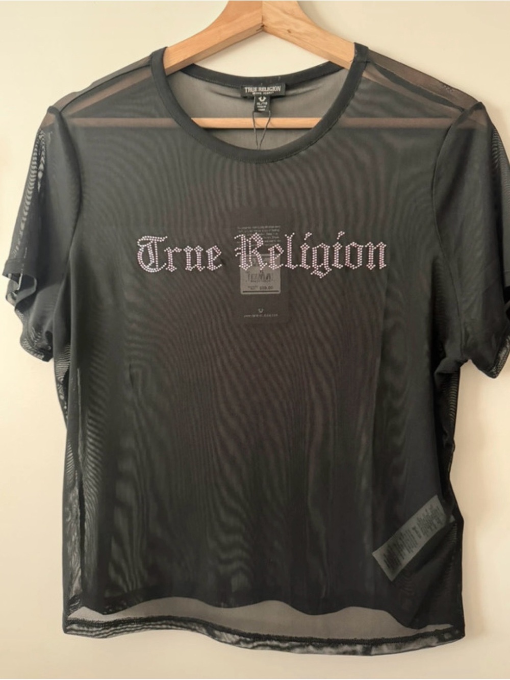 True Religion Black Sheer Short-Sleeve Tee with Rhinestone Logo